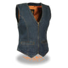 Ladies Zipper Front Denim Vest w/ V Neck Collar - HighwayLeather