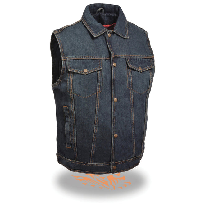 Men's blue snap front denim vest with shirt collar from HighwayLeather, showing the front view and detailed stitching.