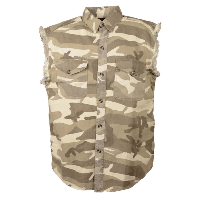 Men's lightweight sleeveless denim shirt in camo print from HighwayLeather, featuring a casual men's textile clothing style.
