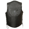 Men's black leather vest with side lace design, featuring skull and wings artwork, by Dynamicleather.