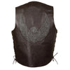 Men's brown leather vest with side laces, skull and wings embroidery, by Dynamicleather, featuring detailed design and rugged style.