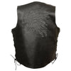 Men's black leather vest with side laces and Indian head detail, HighwayLeather men's vest made from durable leather.