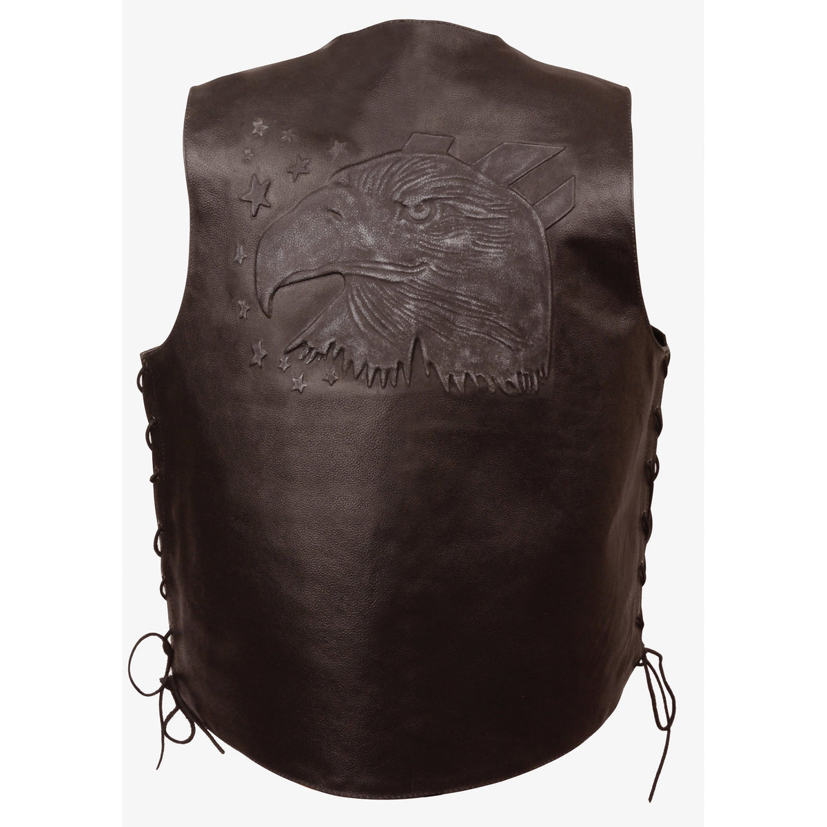 Men's brown leather vest with side laces, eagle head and star details, from HighwayLeather men's vests collection
