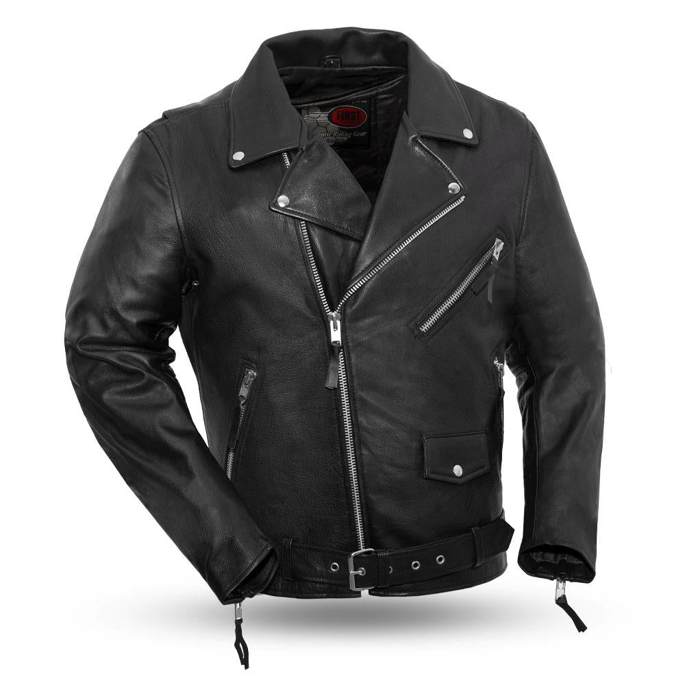 Buffalo Leather Gear men's highway patrol leather jacket with silver hardware, featuring a classic design and sturdy construction.