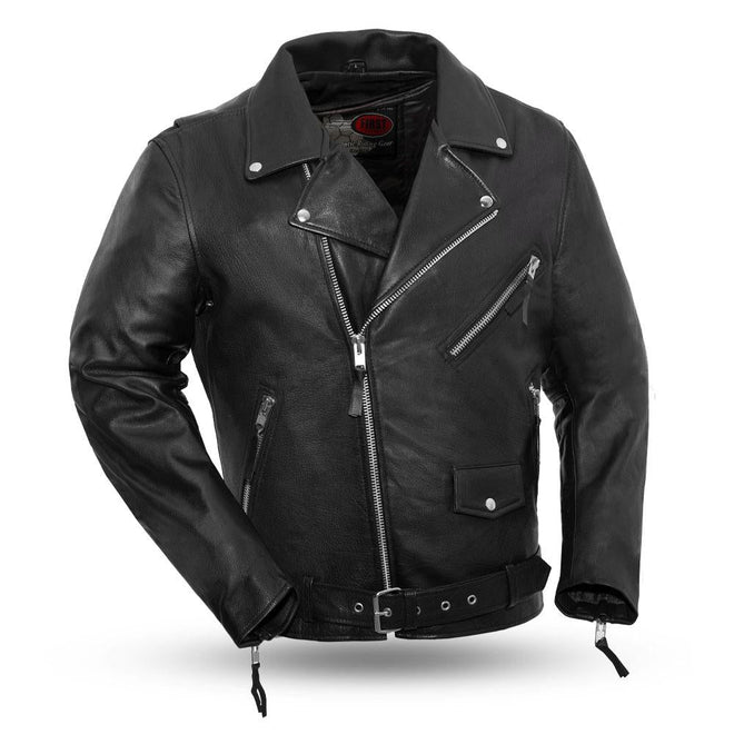 Buffalo Leather Gear men's highway patrol leather jacket with silver hardware, featuring a classic design and sturdy construction.