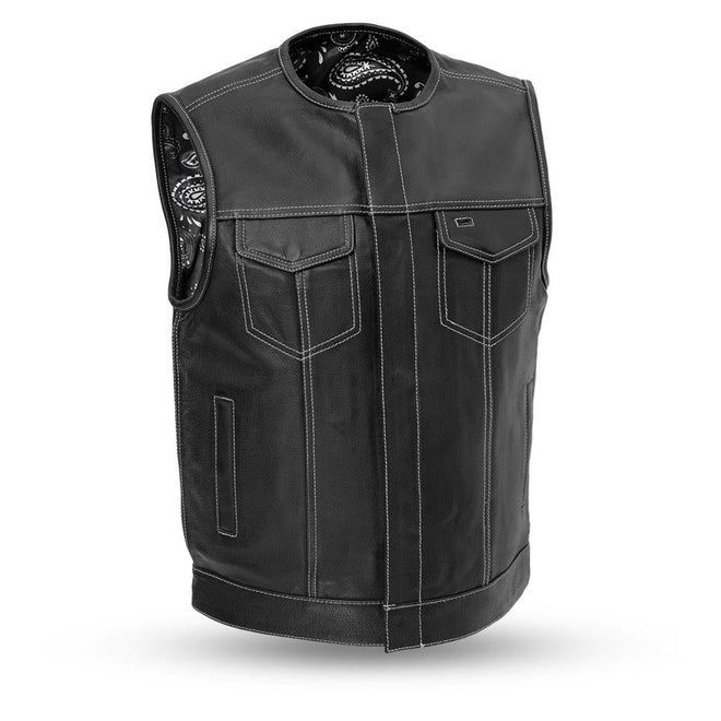 Black men's leather vest with paisley design, First MFG FIM636, suitable for motorcycle riders and biker club members.