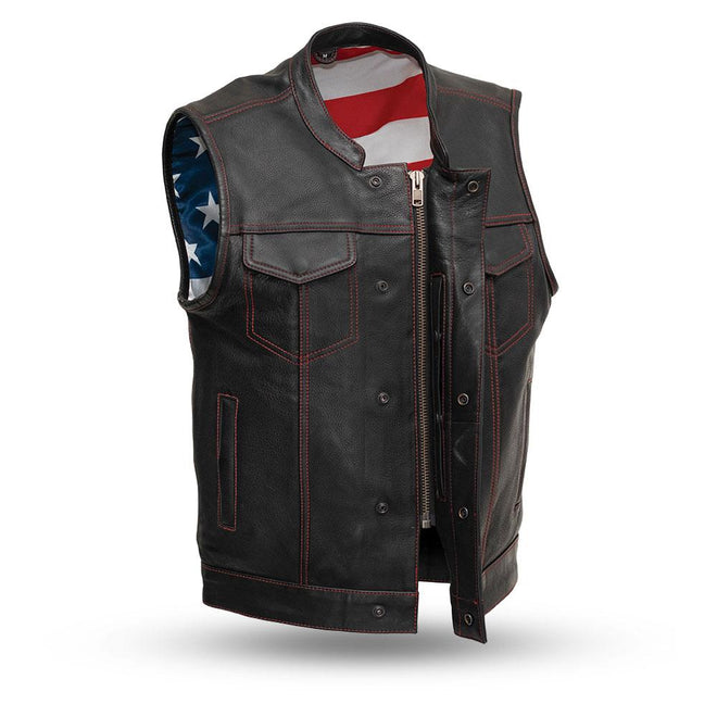Men's motorcycle leather vest by FIRST MFG, red stitching, slim fit, front zipper closure, with side buckle adjustments.