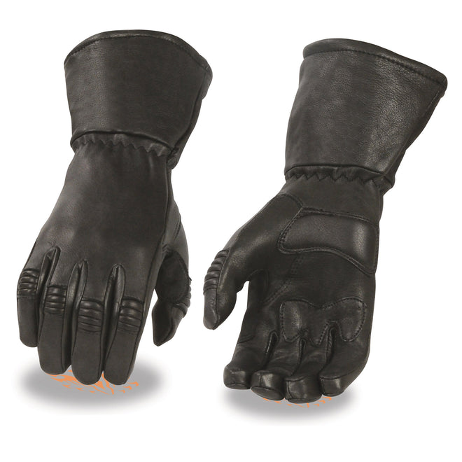 Men's deerskin leather thermal lined gauntlet gloves by HighwayLeather showing brown insulated gloves with extended gauntlet cuffs.