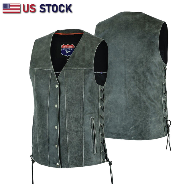 Gray Straight-Bottom Leather Vest with Utility Pocket | HL2611Grey