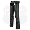 Buffalo Leather Gear HL12801BLING hip hugger leather chaps with bling rhinestone detailing and D-ring accents for women.
