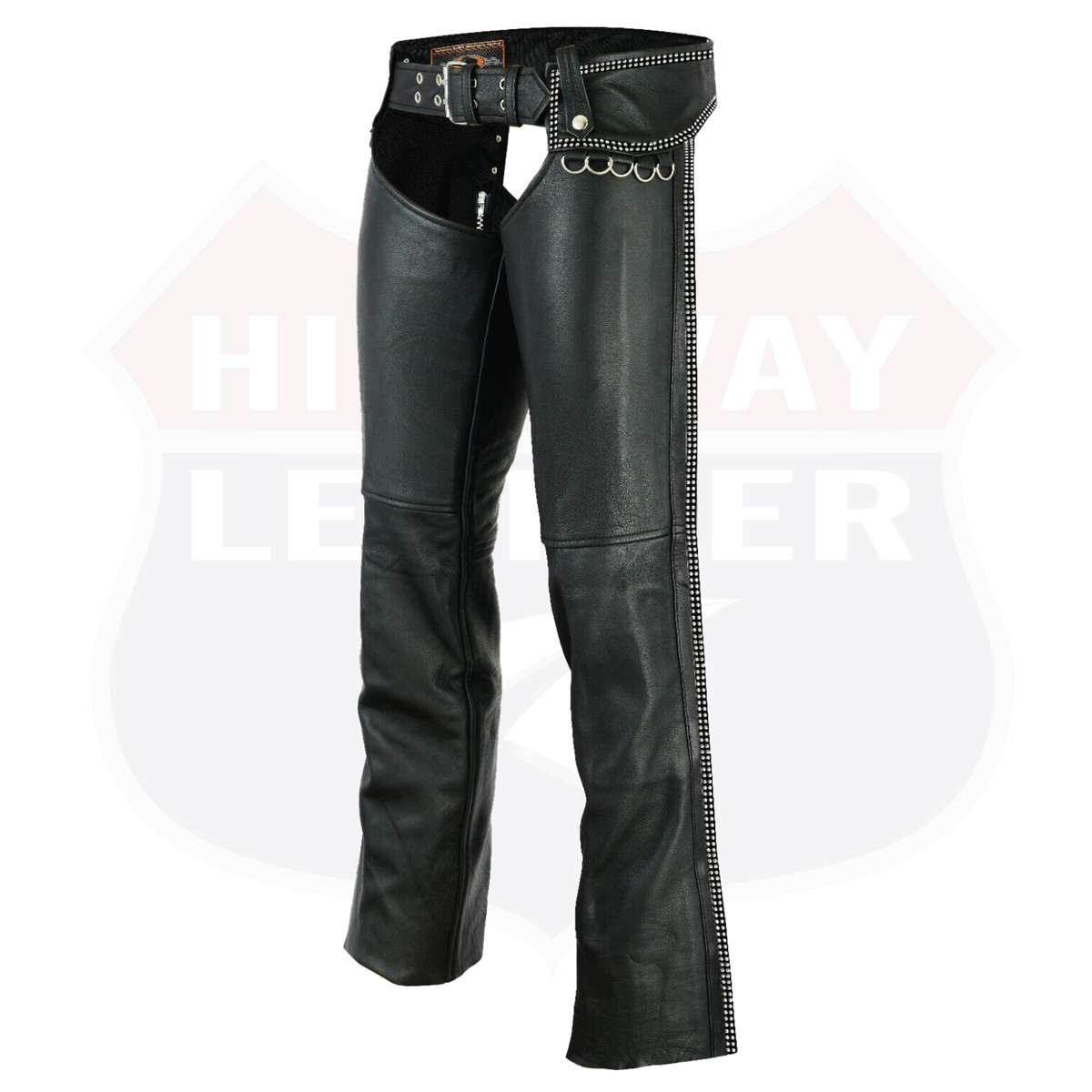 Buffalo Leather Gear HL12801BLING hip hugger leather chaps with bling rhinestone detailing and D-ring accents for women.