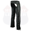 Buffalo Leather Gear bling hip hugger leather chaps with rhinestone details and D-ring accents, designed for women.