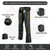 Buffalo Leather Gear bling hip hugger leather chaps with rhinestone detailing and D-ring accents, designed for women.