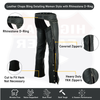 Buffalo Leather Gear bling hip hugger leather chaps with rhinestone detailing and D-ring accents, designed for women.
