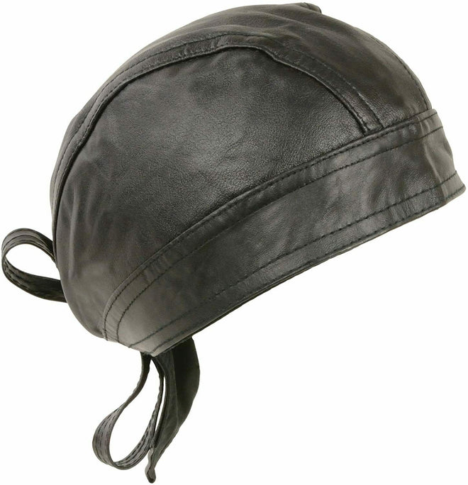 Buffalo Leather Gear highway leather skull cap, biker cap, and du-rag motorcycle head wrap with a rugged leather design.