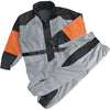 Ladies orange and silver HighwayLeather rain suit with water resistance and reflective piping, designed for rainy weather.