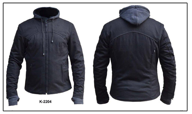 Dynamicleather ladies denim motorcycle vest with removable hoodie, featuring a fitted design and stylish stitching details.