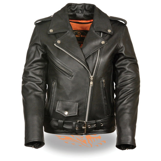 Ladies full-length traditional leather police jacket for women, HighwayLeather brand, showcasing classic design and durable leather material.