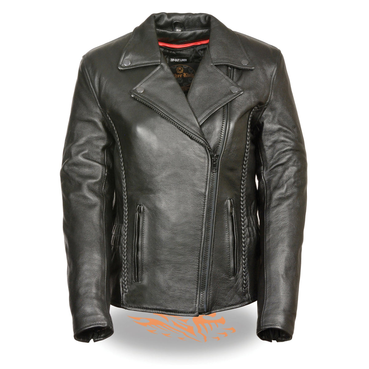 Ladies leather jacket with braid and stud detailing, stylish women's jacket by HighwayLeather, featuring intricate back design.