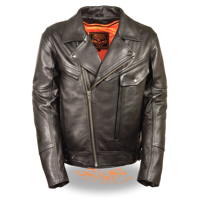 Men's HighwayLeather utility motorcycle jacket with side set belt and multiple utility pockets, black men's jacket for riding and casual wear.