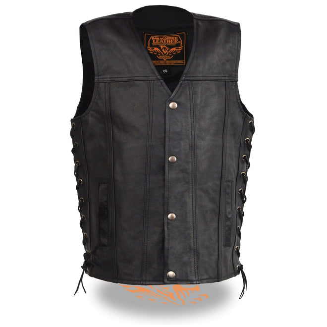 Youth-sized leather vest with snap front and side lace details, featuring a stylish and durable design by HighwayLeather.