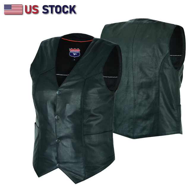 Women’s Soft Black Leather Motorcycle Vest with Utility Pockets | HL14500BLACK