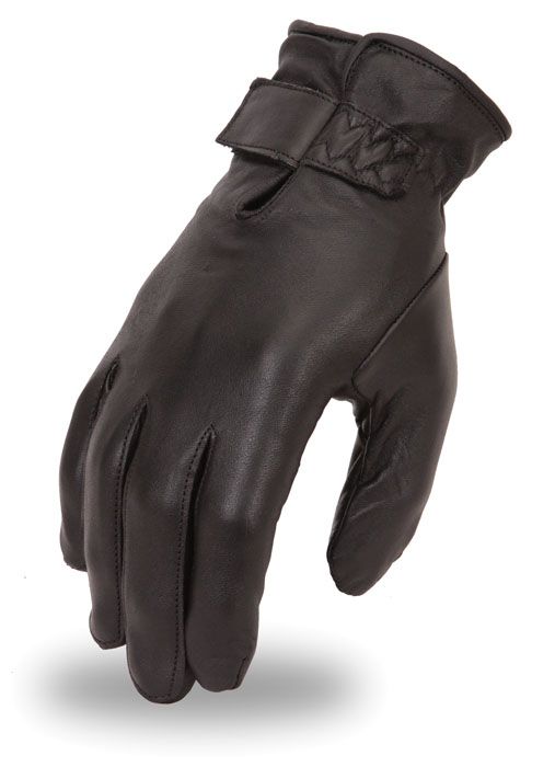 Dynamicleather men's leather gloves showing smooth black leather with detailed stitching and a snug fit.
