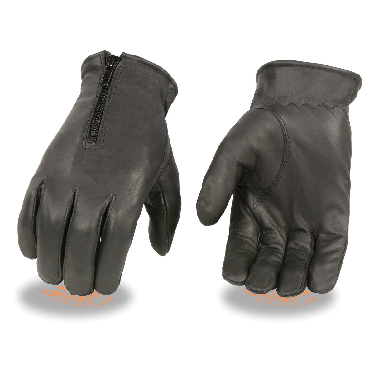 Men's unlined leather gloves with zipper closure, HighwayLeather men's gloves, showing smooth leather and functional zipper detail.