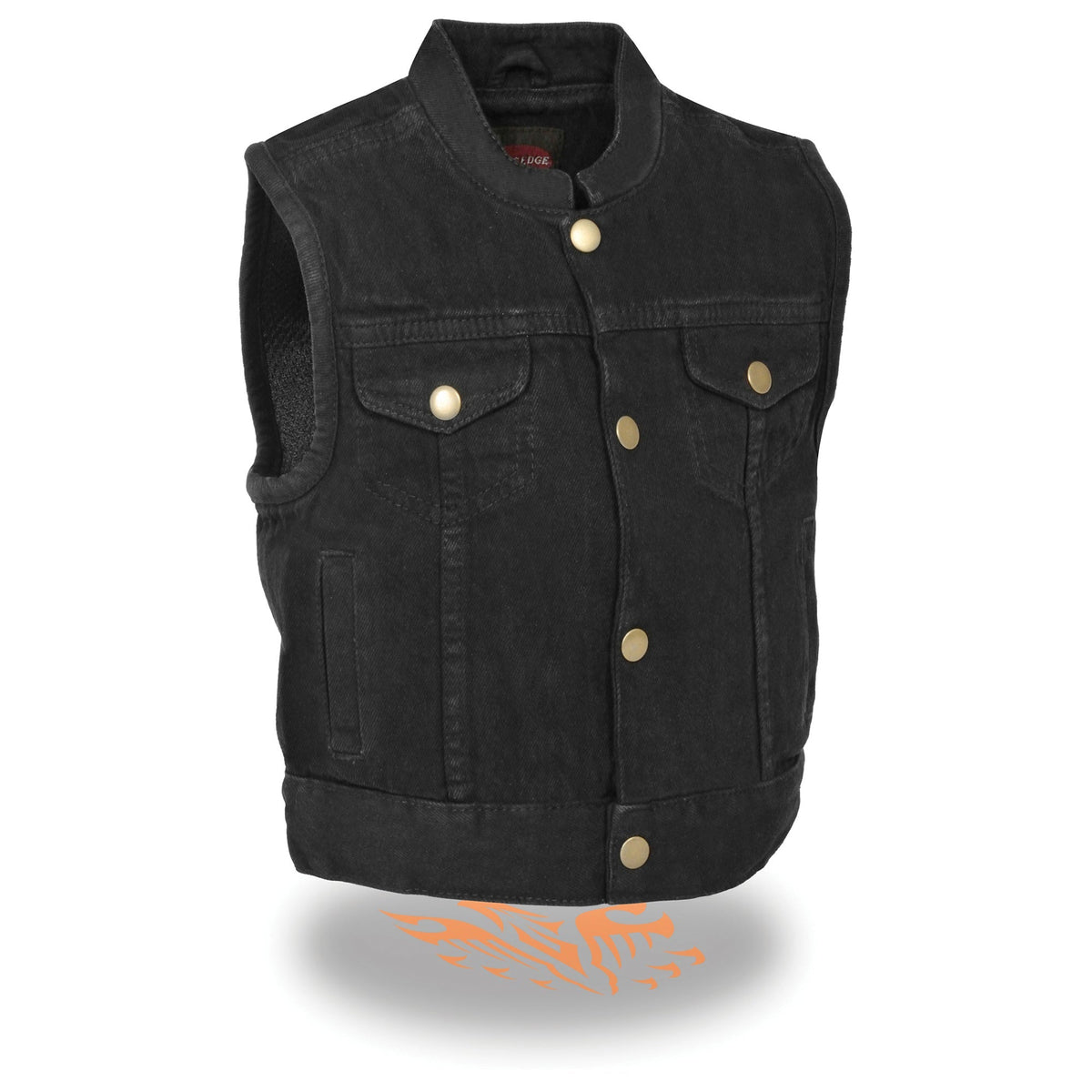 Blue denim kids' vest with snap front closure, black club style design from Milwaukee Leather for kids clothing.
