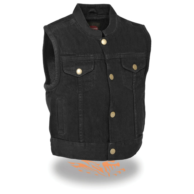 Blue denim kids' vest with snap front closure, black club style design from Milwaukee Leather for kids clothing.