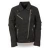 Black denim ladies zipper front jacket with studded spike details from HighwayLeather, stylish women's denim jacket with edgy accents.