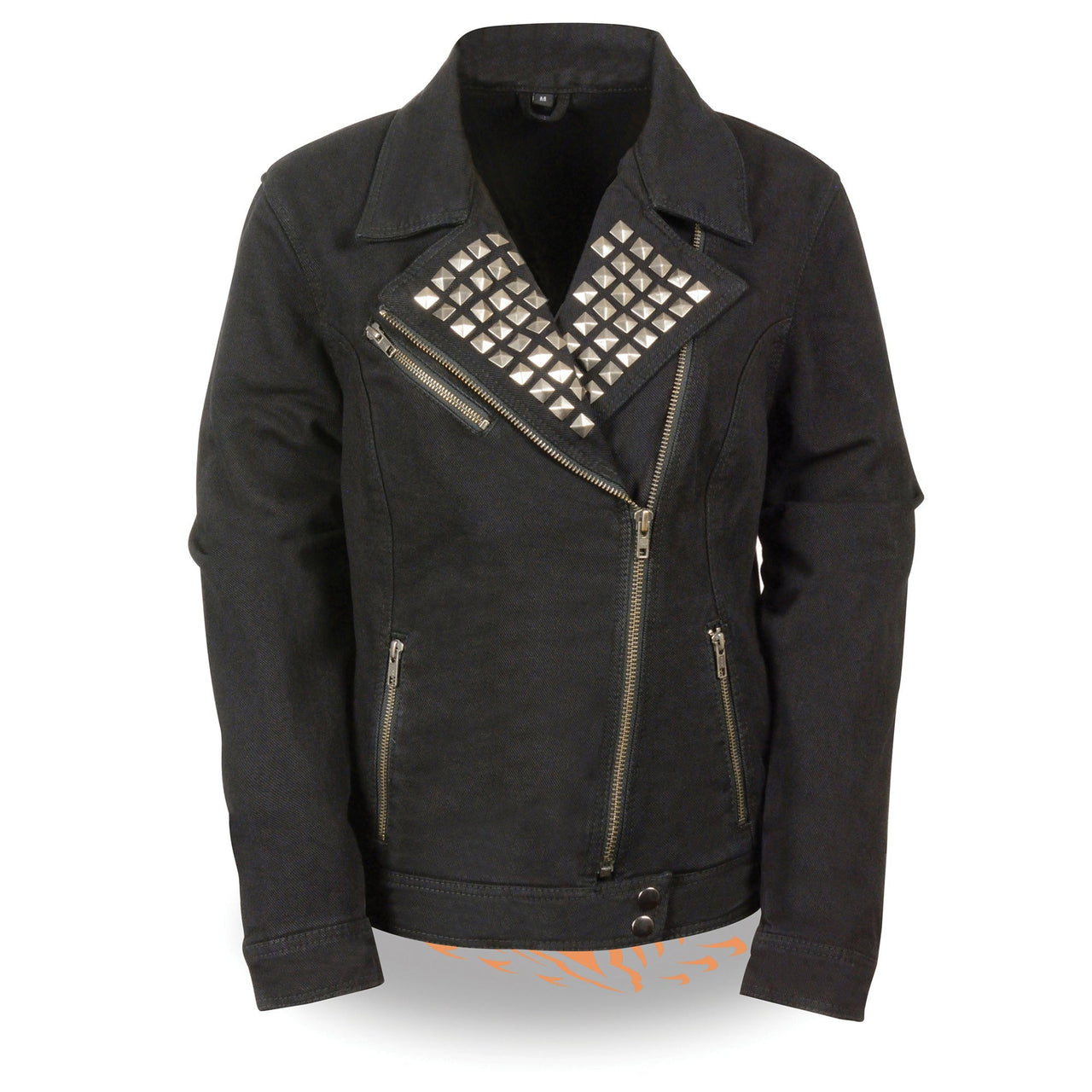 Ladies Zipper Front Black Denim Jacket w/ Studded Spikes - HighwayLeather
