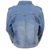 Black denim jacket for women with zipper front and studded spike accents, stylish HighwayLeather women’s jacket.