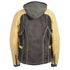 Women's two-tone denim and leather scuba jacket with full hoodie liner, stylish and modern from Dynamicleather.