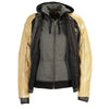 Women's two-tone denim and leather scuba jacket with full hoodie liner, by Dynamicleather, featuring stylish design and comfortable fit.