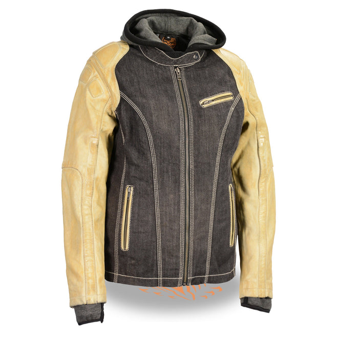 Women's two-tone denim and leather scuba jacket with full hoodie liner, by HighwayLeather, shown on a model.
