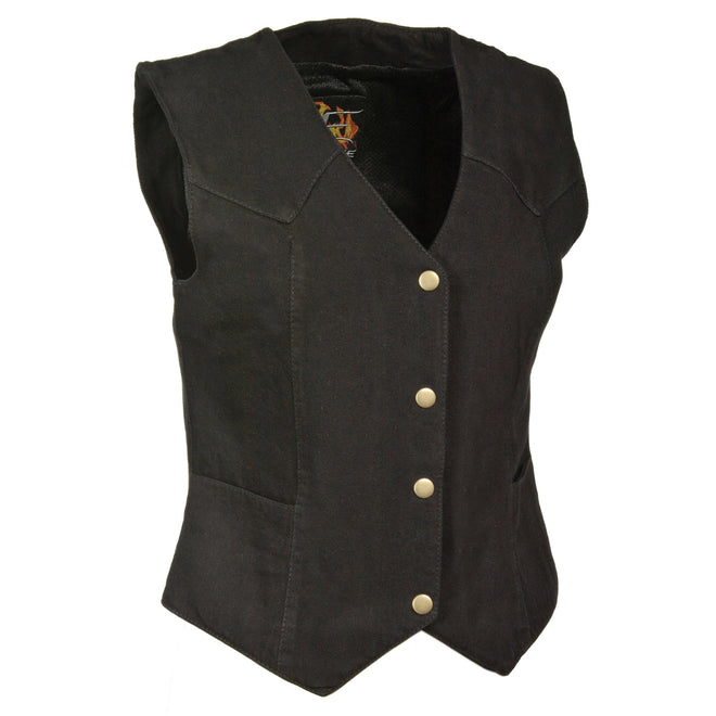 Black women's denim vest with plain side panels and three snap front closure by HighwayLeather.