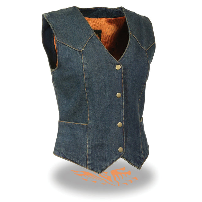 Blue ladies denim vest with side snap buttons, plain front design from HighwayLeather women's vest collection.
