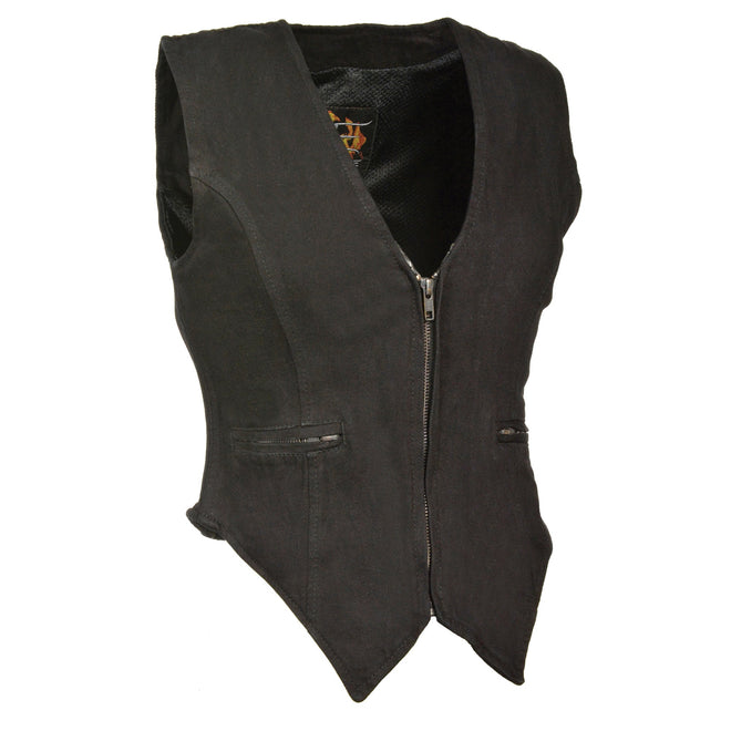 Black ladies denim vest with zipper front and side stretch from HighwayLeather, featuring a fitted, sleeveless design and front pockets.