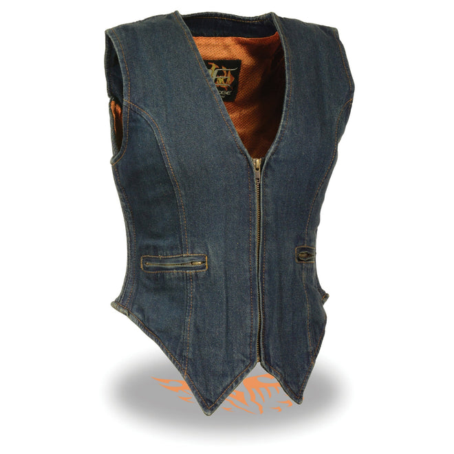 Blue ladies zipper front denim vest with side stretch from HighwayLeather, styled with a fitted silhouette and classic denim details.
