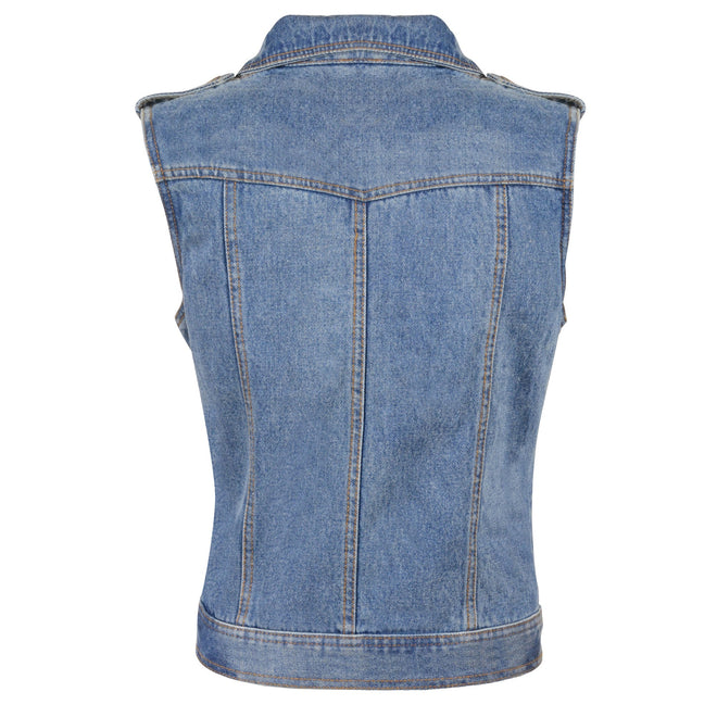 Black denim vest for women by HighwayLeather with zipper front and studded spike details, styled with casual clothing.