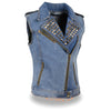Black ladies denim vest with zipper front and studded spike accents, stylish women’s vest by HighwayLeather.