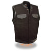 Men's denim club vest with leather trim and hidden zipper from Dynamicleather, featuring stylish design and classic denim fabric.