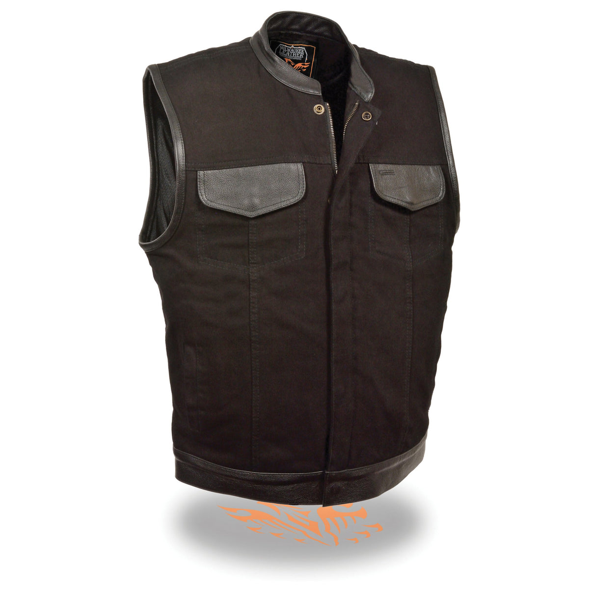 Men's denim club vest with leather trim and hidden zipper from Dynamicleather, featuring stylish design and classic denim fabric.