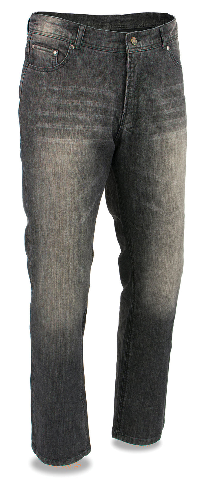 Men's armored denim jeans by HighwayLeather with reinforced Aramid® fibers, featuring durable black CHAPS design and protective padding.
