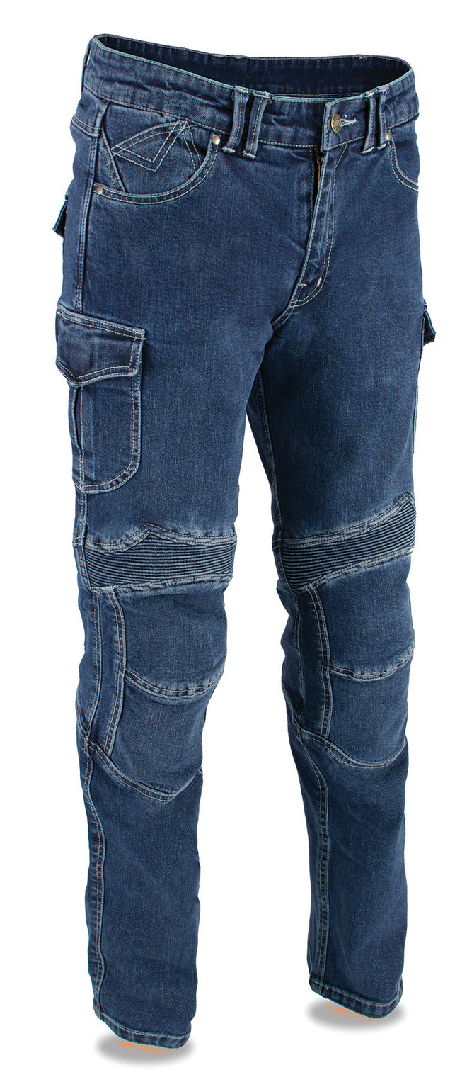 Men's armored straight cut denim jeans by HighwayLeather with reinforced Aramid® fibers, displayed in blue with sturdy design.