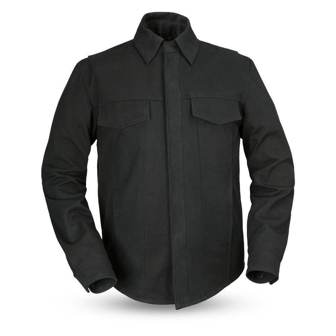 Black Mercer motorcycle canvas shirt for women by FIRST MFG, featuring rugged design and casual style.