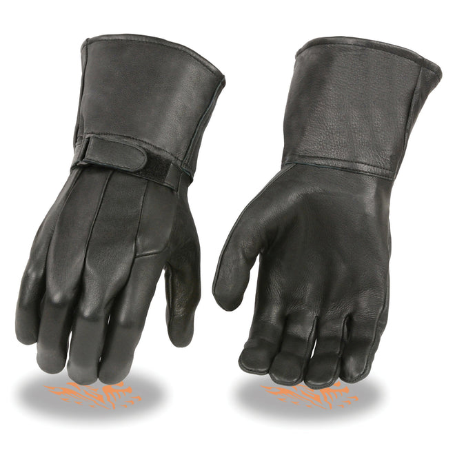Men's HighwayLeather light lined gauntlet gloves with wrist strap, showing black leather exterior and secure fit design.