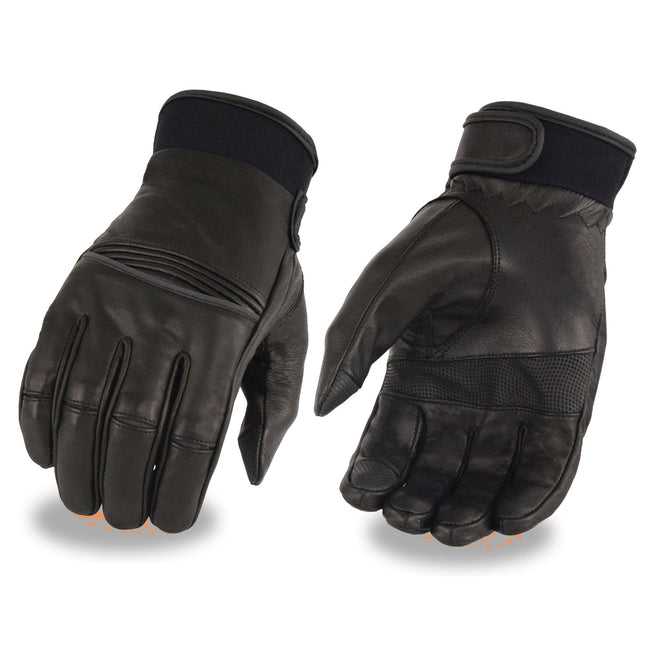 HighwayLeather men's leather riding glove with stretch knuckles and I-Touch fingertips, showing detailed black leather construction.