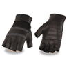 Men's leather and mesh fingerless gloves with gel palm and reflective band from HighwayLeather, showing the textured leather and breathable mesh.